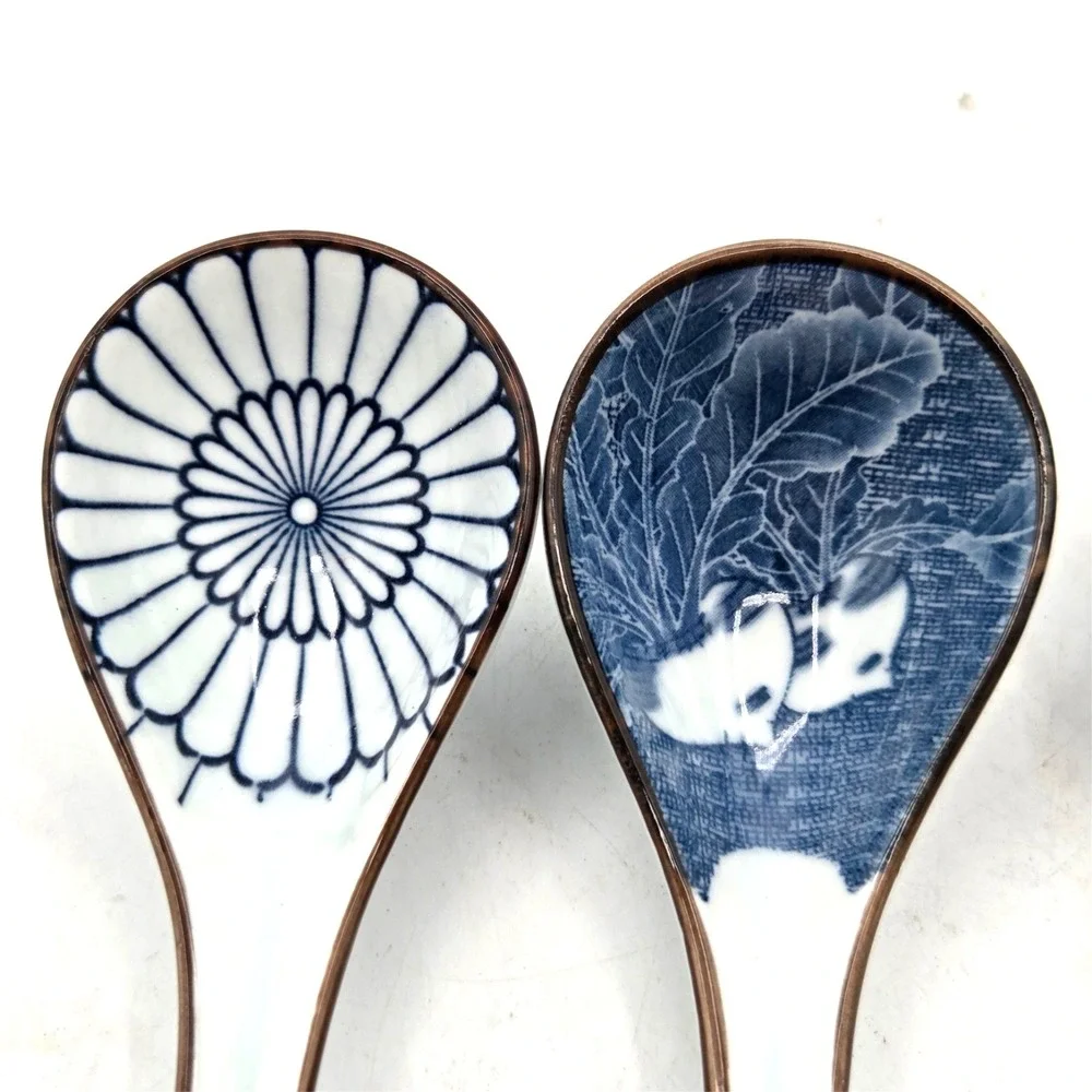 Asian Style Ceramic Soup Spoons Ramen Blue and White Set‎ of 4